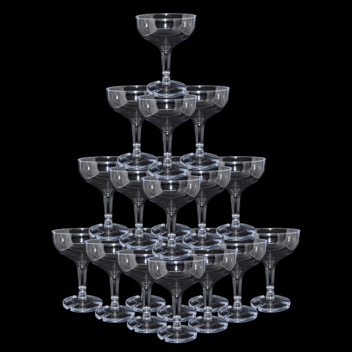 KYAPCK clear champagne coupes front pack highlighting elegant look and convenience