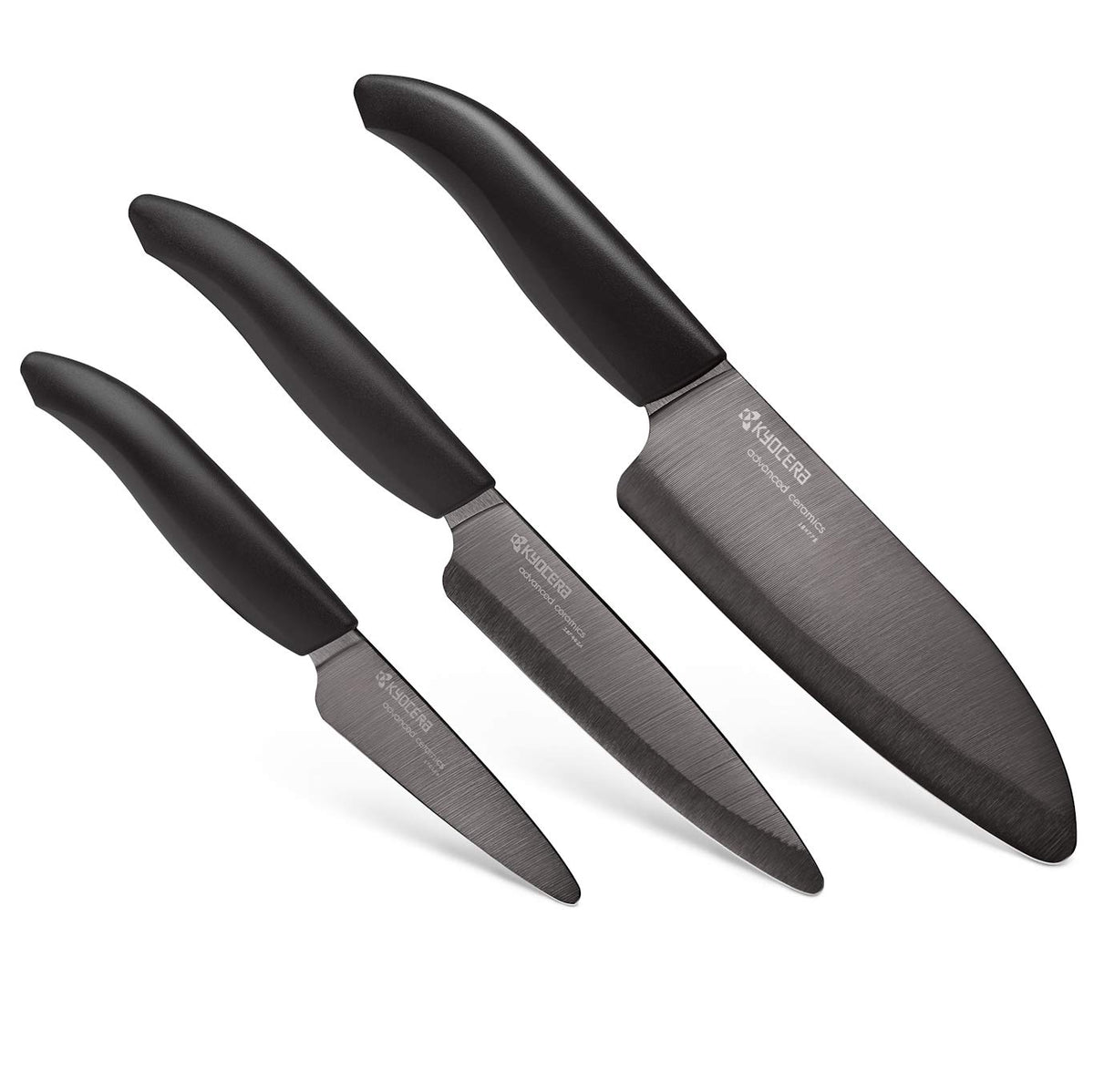KYOCERA three-piece set front view showing all blades and handles, highlighting versatility