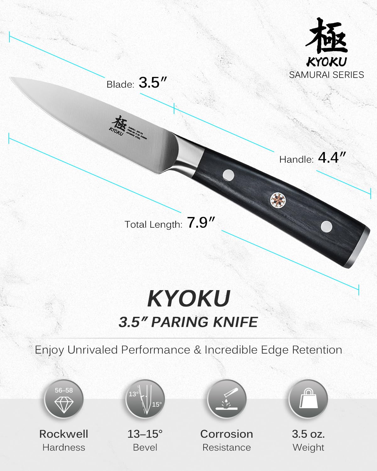 KYOKU paring knife next to fruit for size and precision comparison