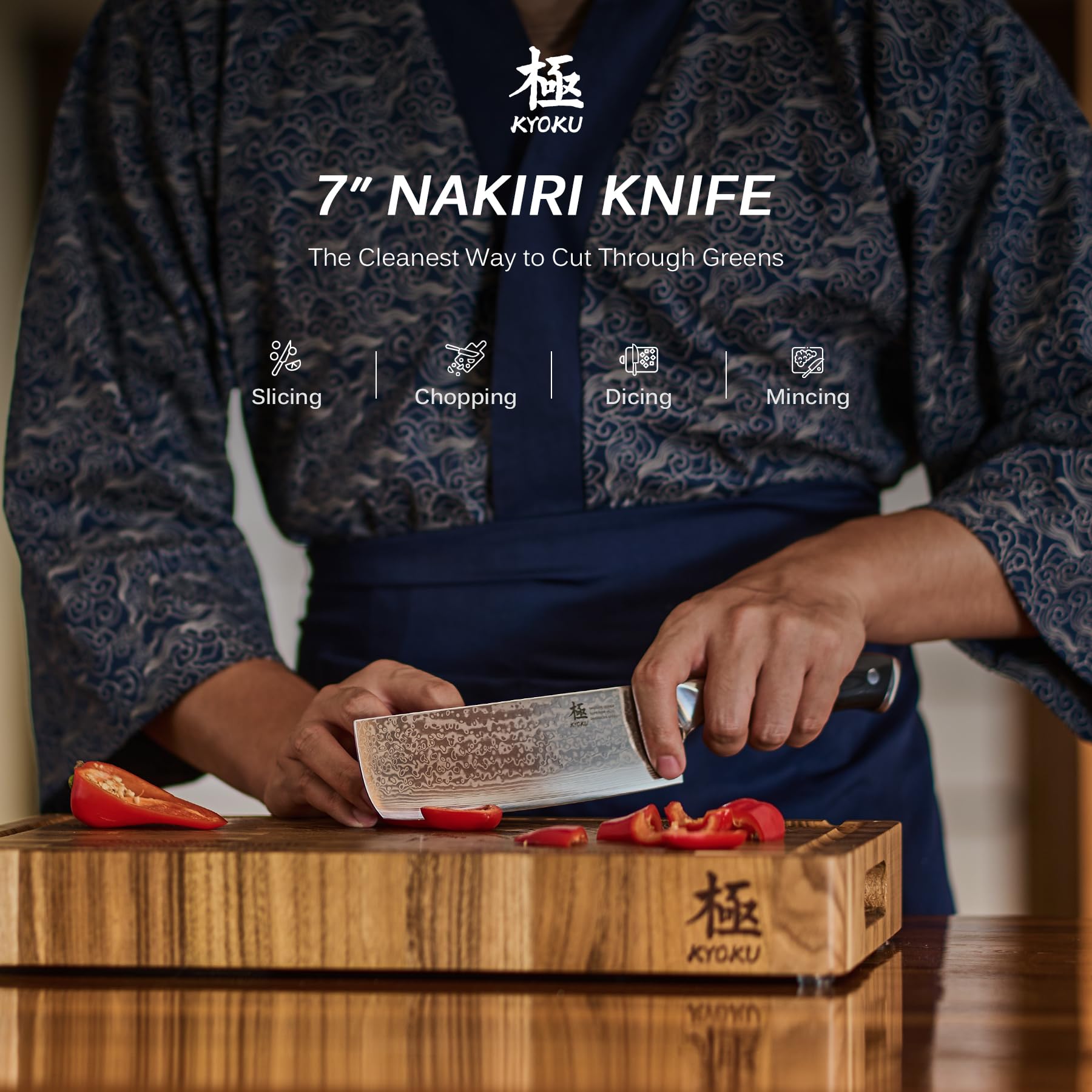 KYOKU Damascus pattern close-up highlighting layered steel and corrosion resistance