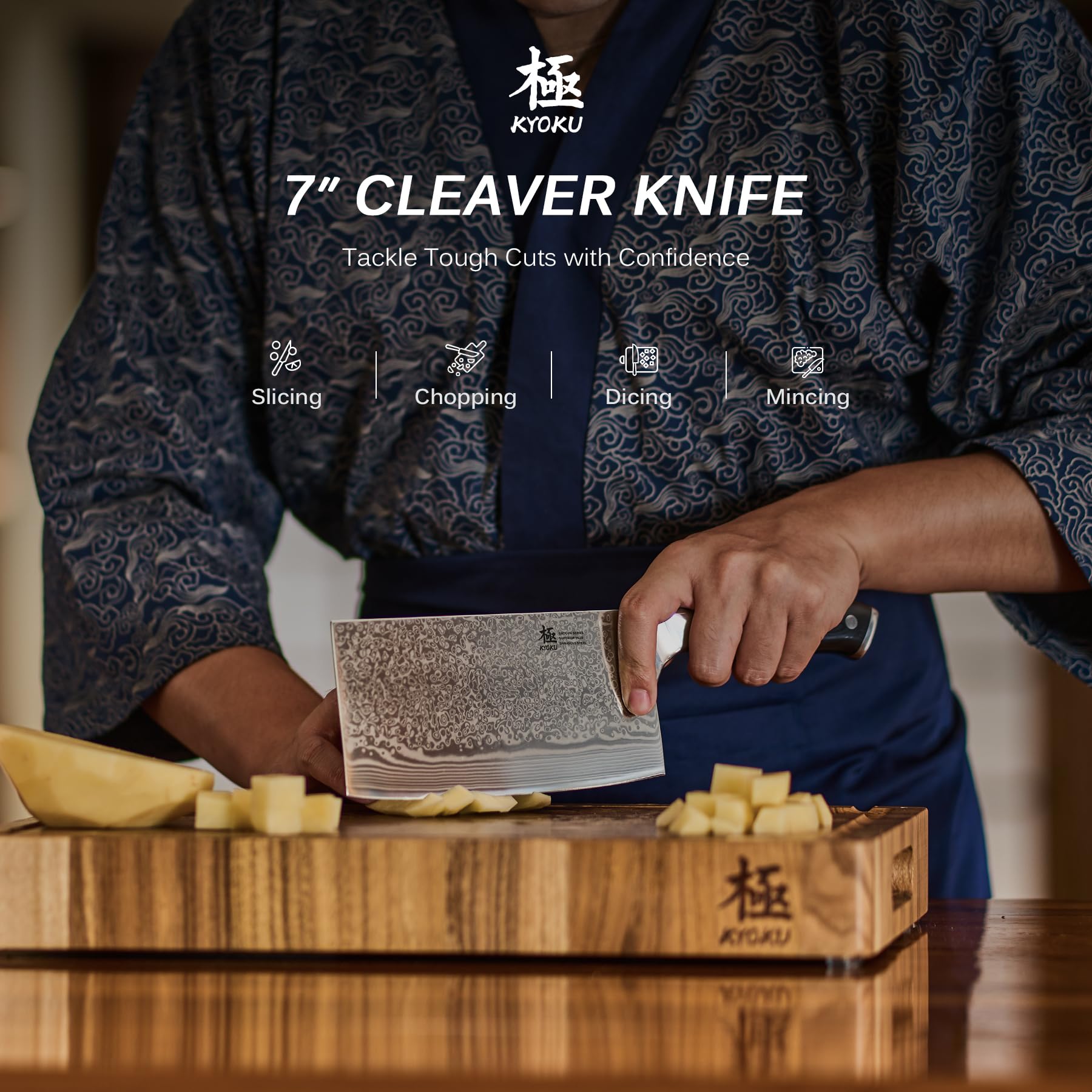 KYOKU Damascus blade close-up highlighting layered steel finish and durability