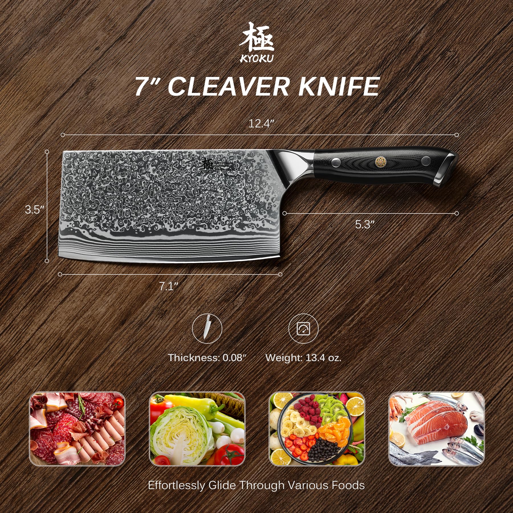 KYOKU cleaver beside ruler to show full 7-inch blade scale