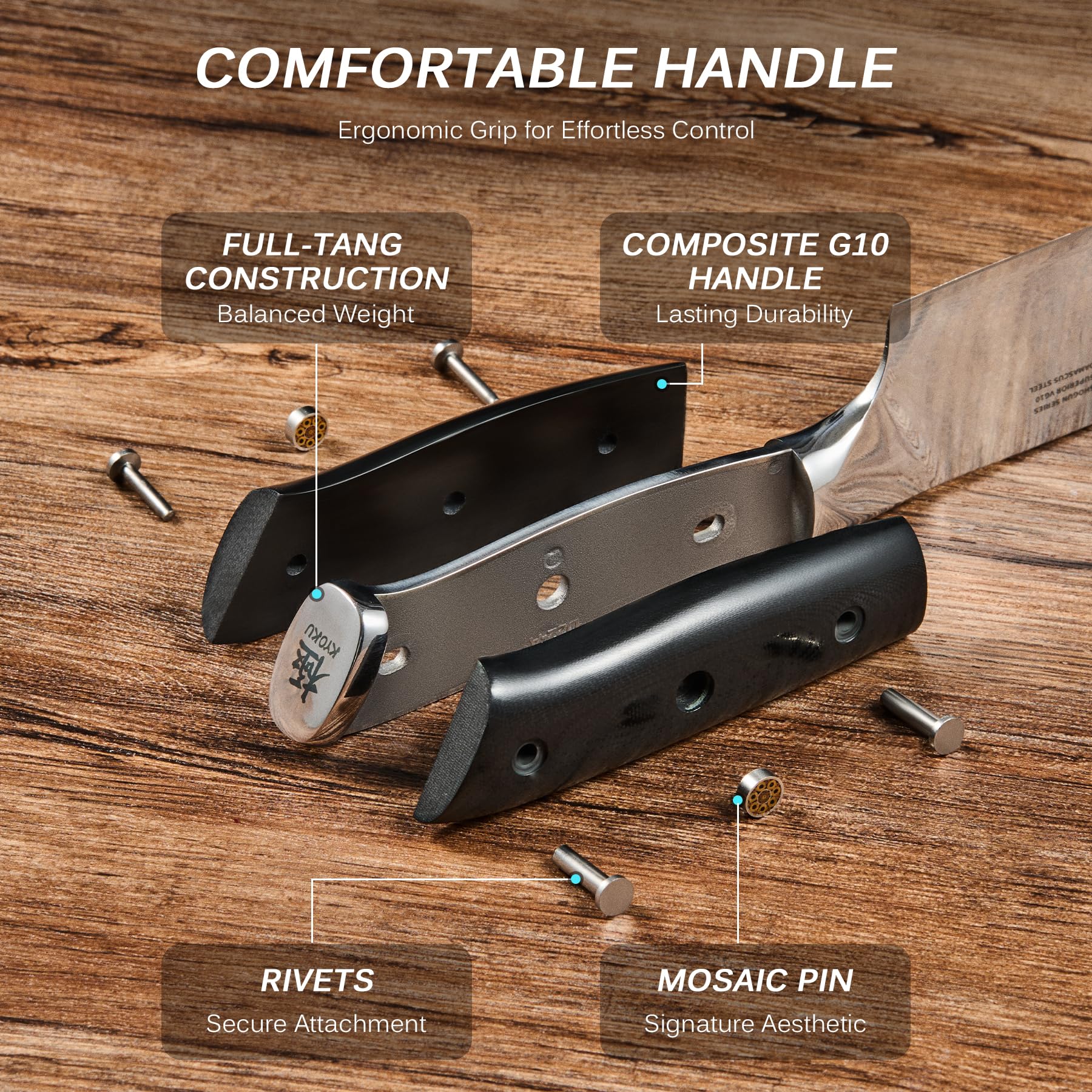 KYOKU mosaic pin accent on handle demonstrating durable craftsmanship