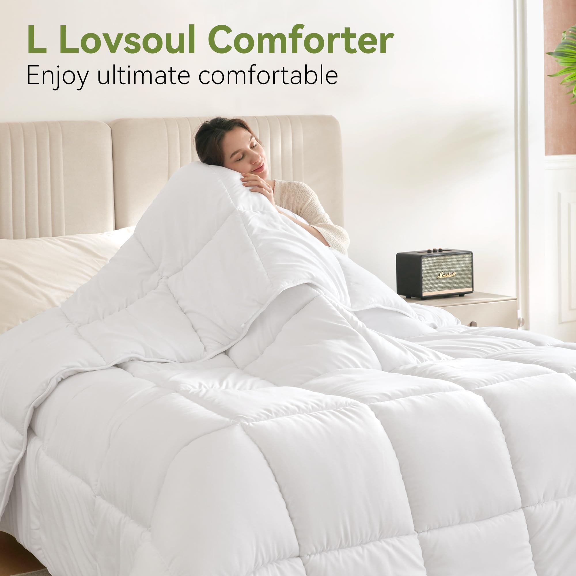L LOVSOUL queen bed scale comparison showing 90x90-inch fit and generous drape