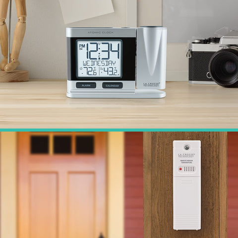 La Crosse Technology clock on bedside table in room showing hands-free time and temp access benefit