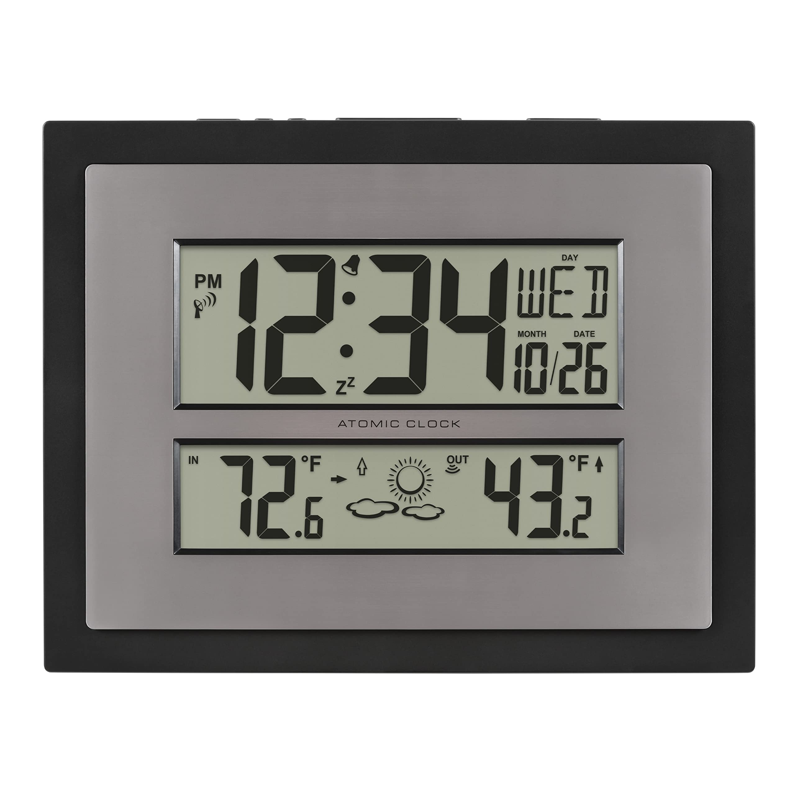 La Crosse Technology front view showing clock face and forecast, easy at-a-glance info