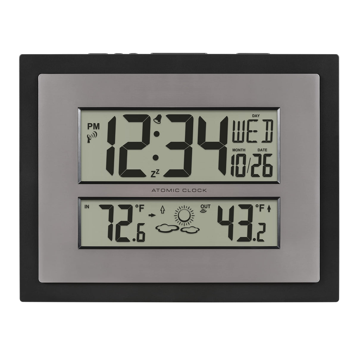 La Crosse Technology front view showing clock face and forecast, easy at-a-glance info