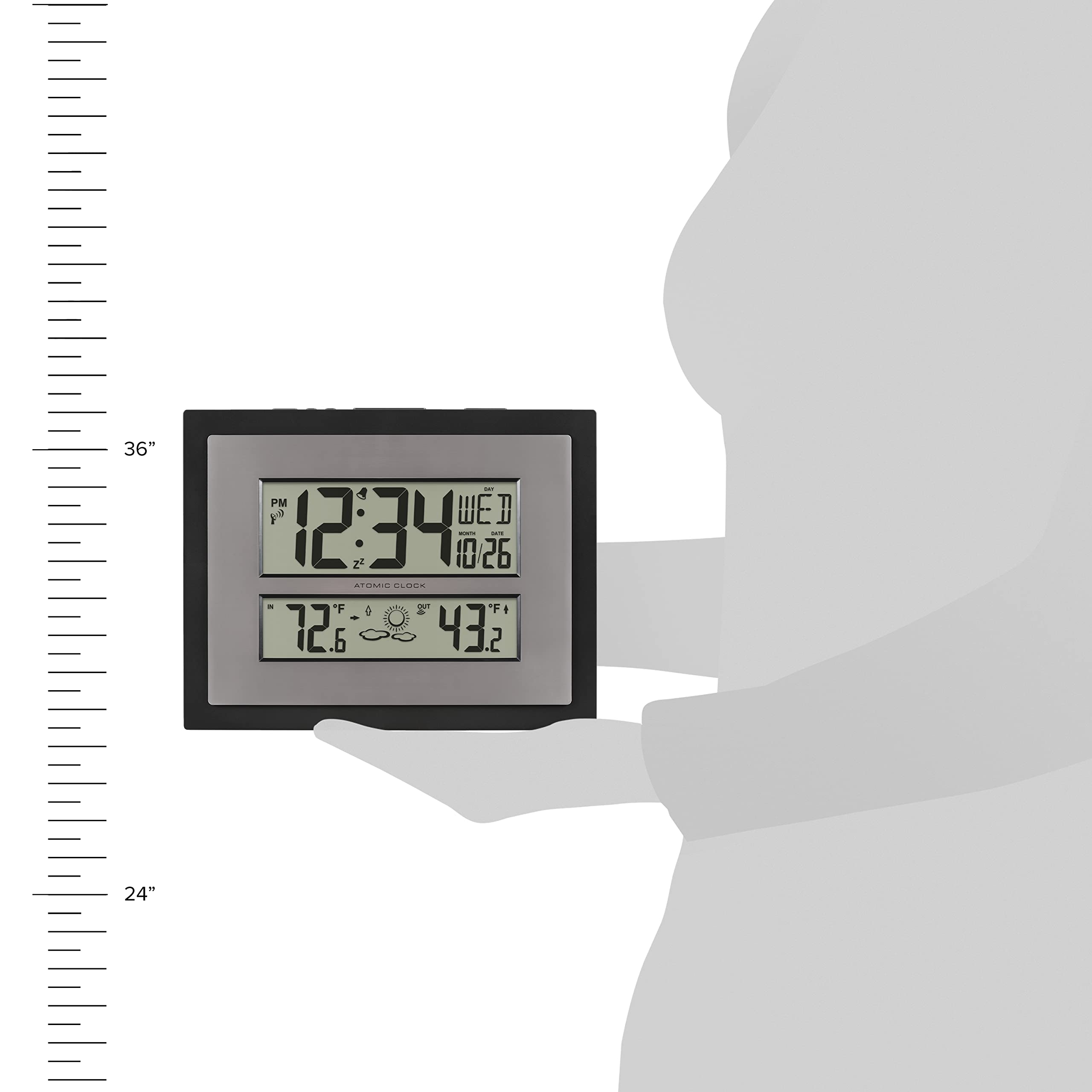 La Crosse Technology size comparison with hand to show compact footprint and visibility