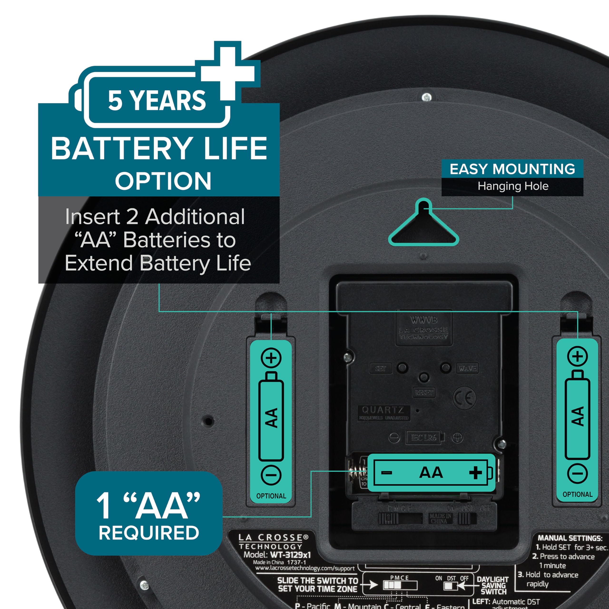 La Crosse Technology back view with battery compartment benefit: extended battery option