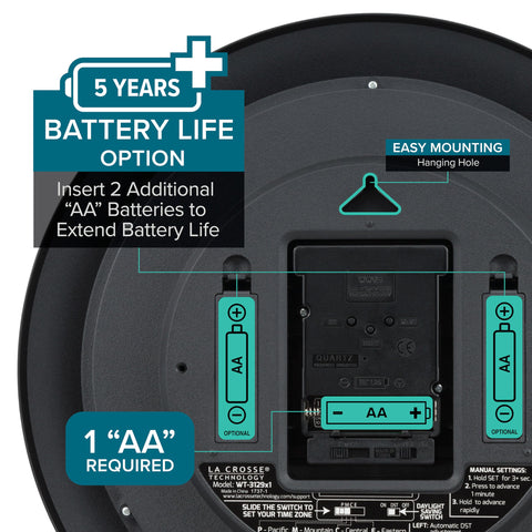La Crosse Technology back view with battery compartment benefit: extended battery option