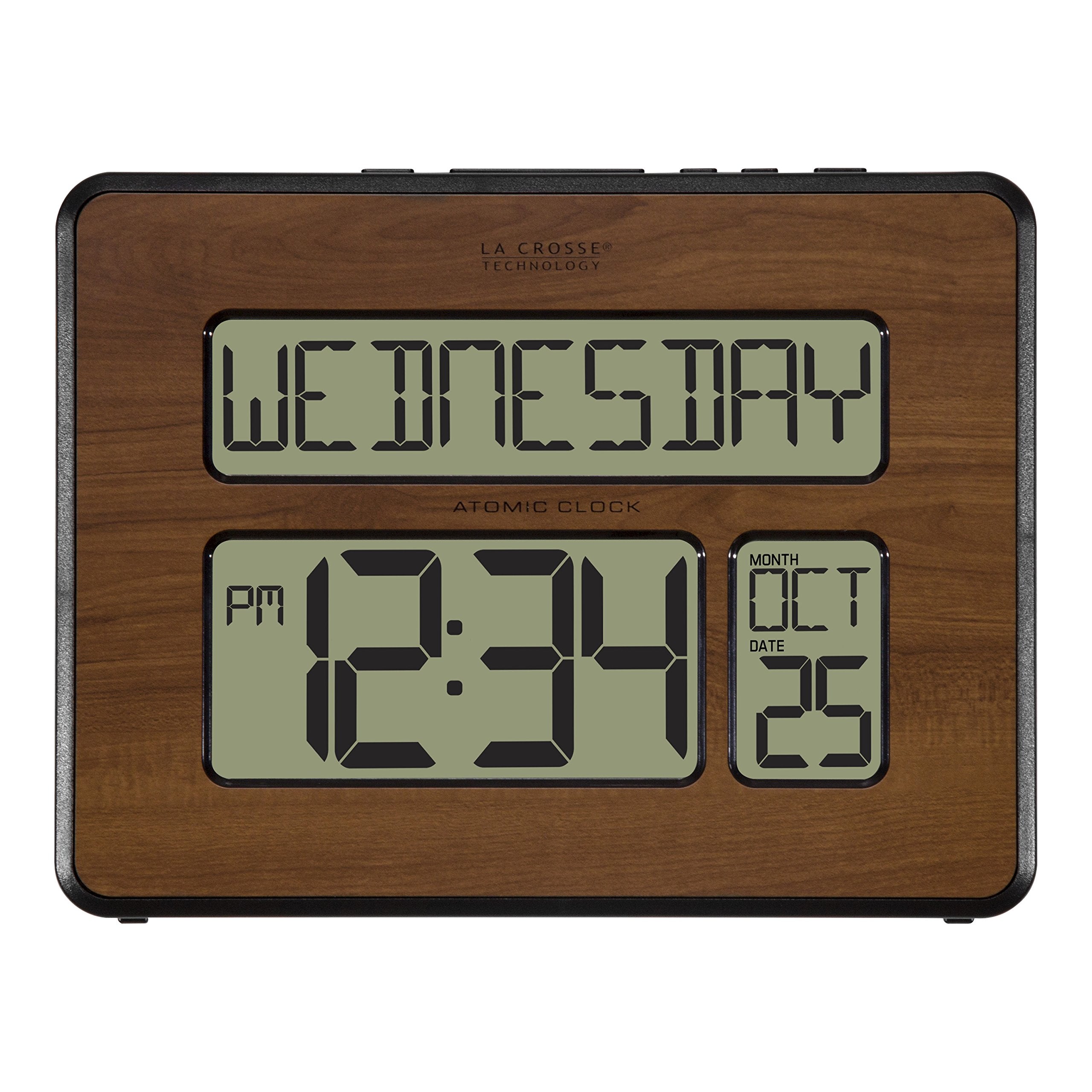 La Crosse Technology front view showing large readable display and walnut finish for clarity