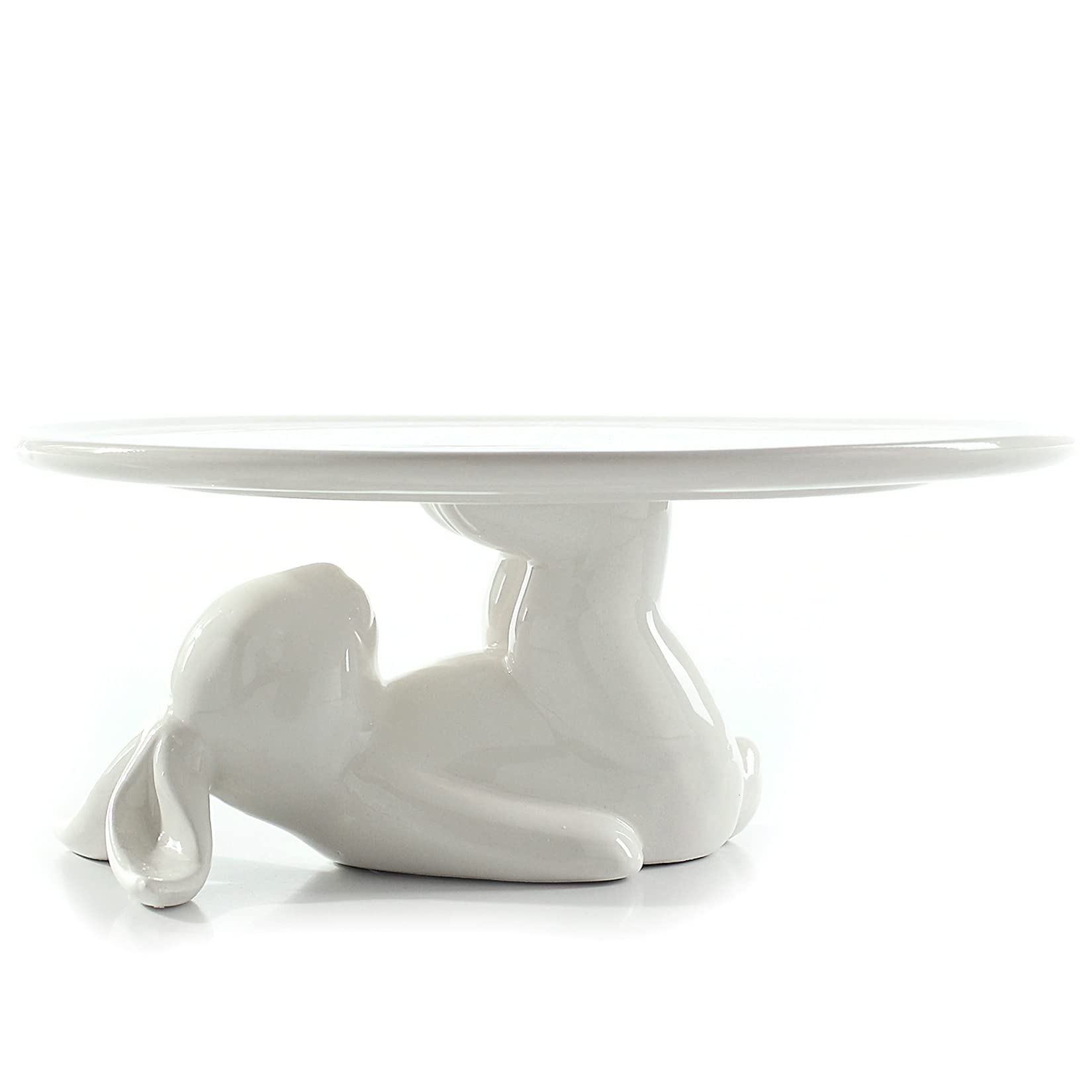 LA JOLIE MUSE front view of white ceramic bunny cake stand, decorative display