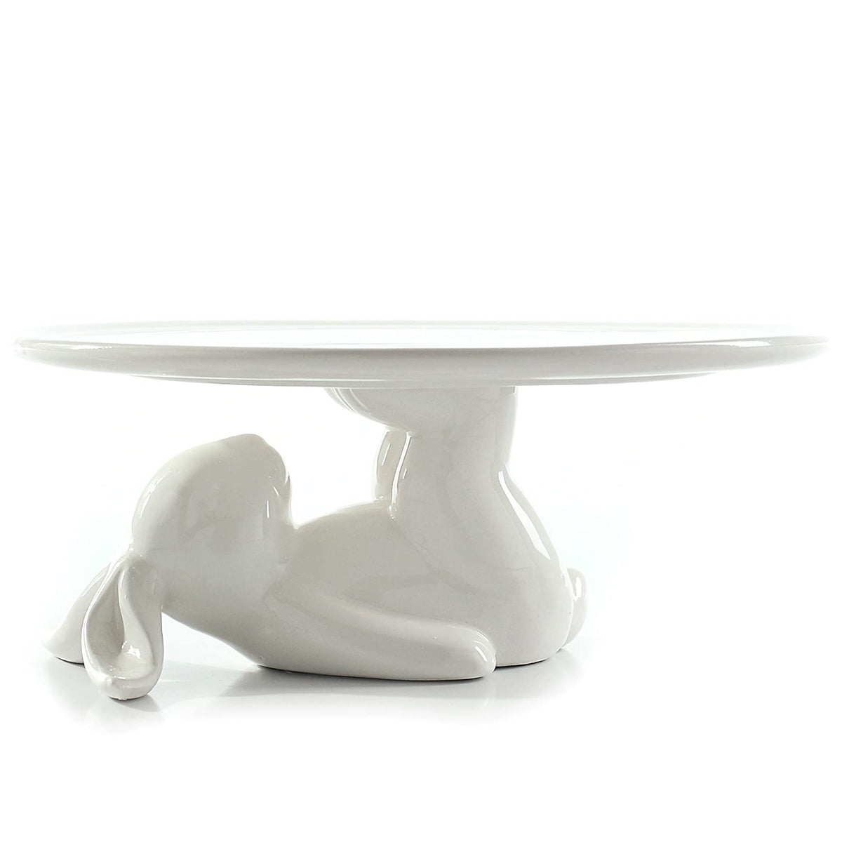 LA JOLIE MUSE front view of white ceramic bunny cake stand, decorative display
