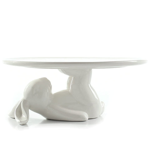 LA JOLIE MUSE front view of white ceramic bunny cake stand, decorative display