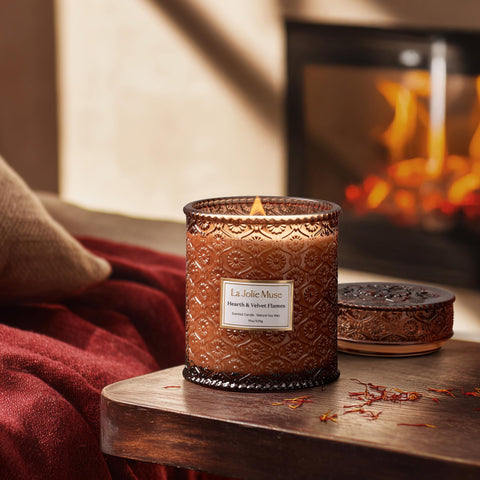 LA JOLIE MUSE candle burning in living room creating warm, cozy ambience