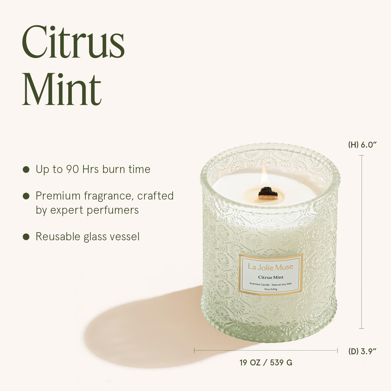 LA JOLIE MUSE candle next to book showing 19 oz scale, visual size reference