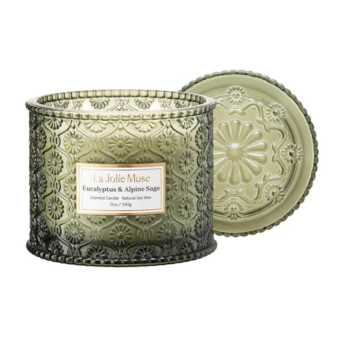 LA JOLIE MUSE front jar view showing elegant embossed glass and calming scent benefits