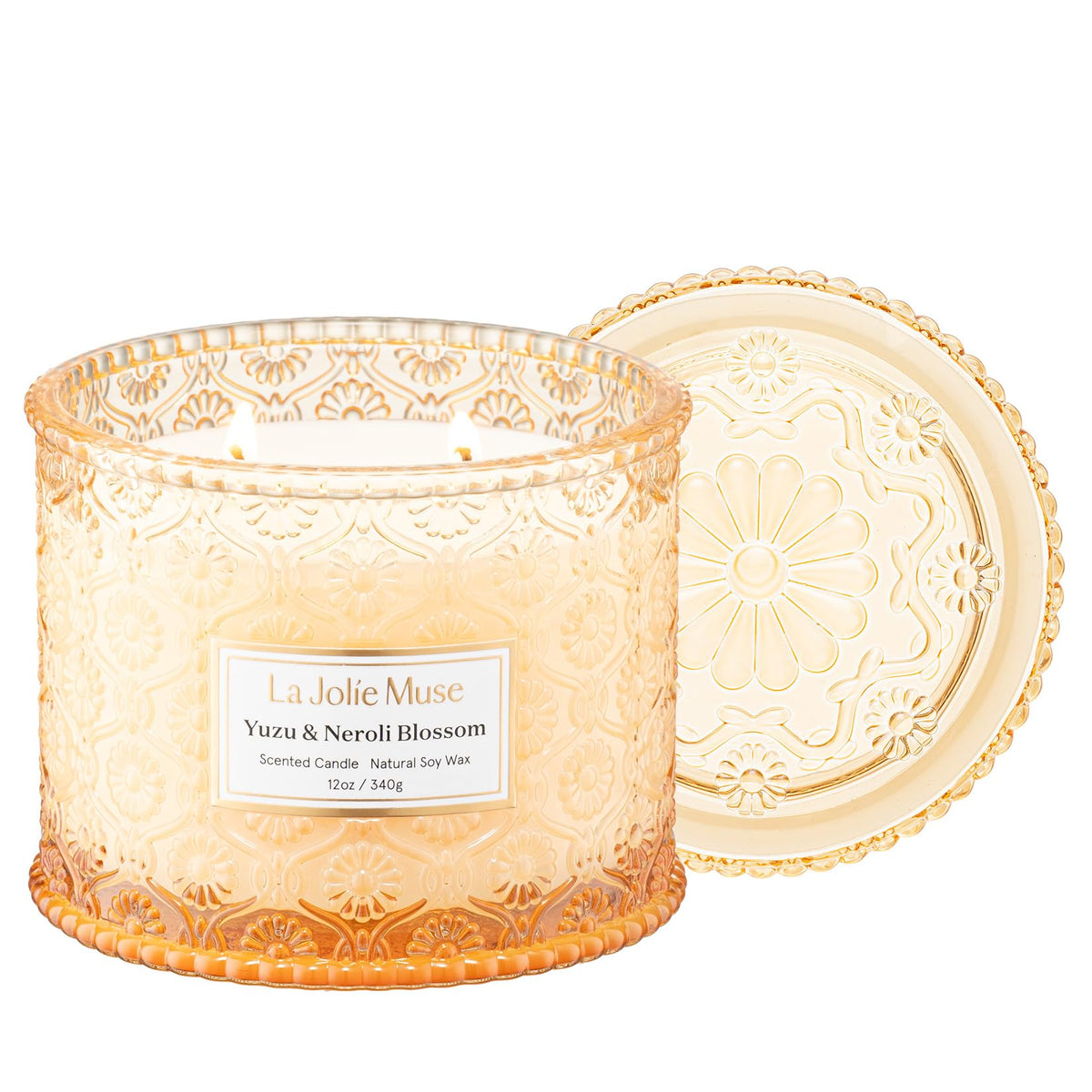 LA JOLIE MUSE embossed jar front view showing elegant décor and long-lasting fragrance