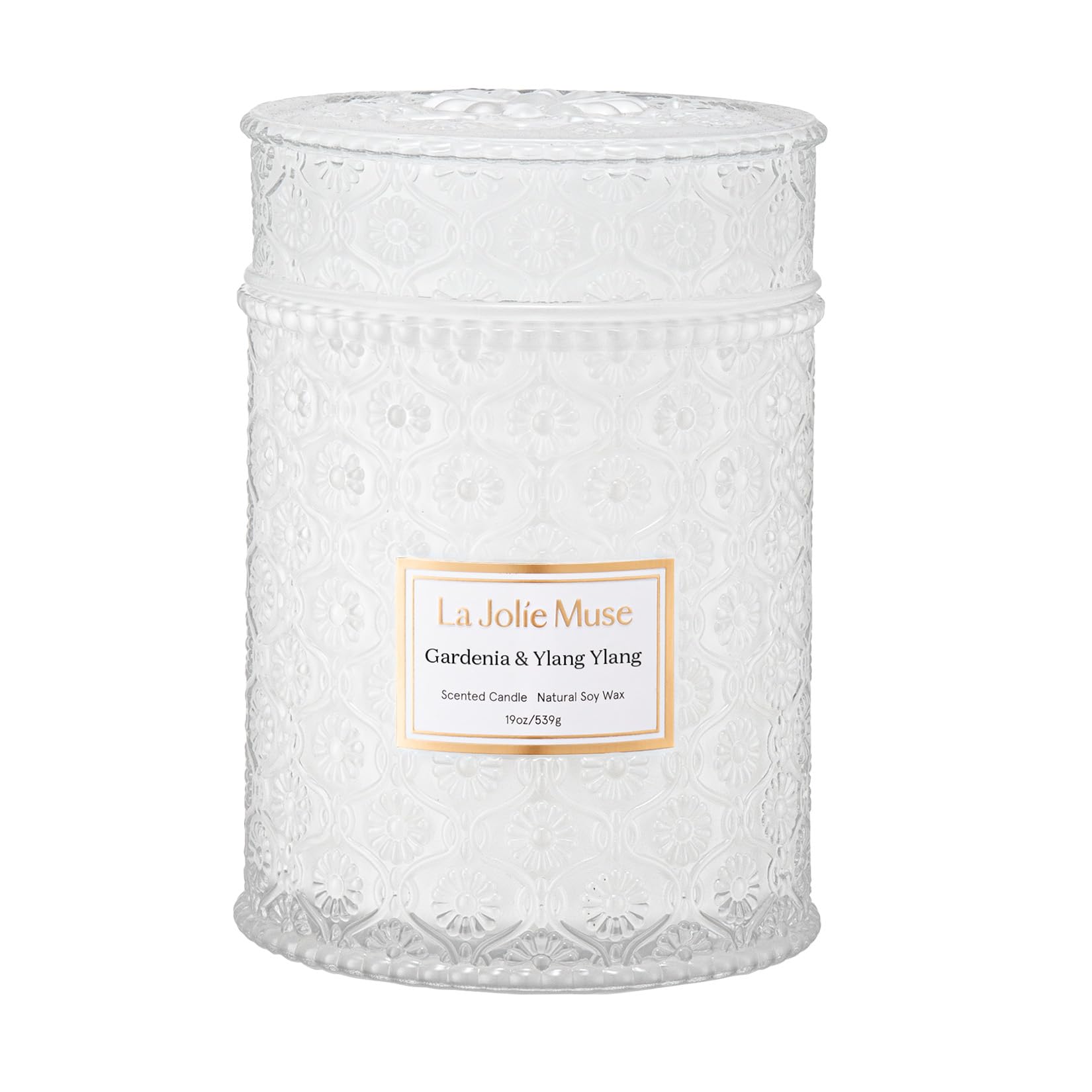 LA JOLIE MUSE jar front view showing elegant embossed design and floral scent benefit