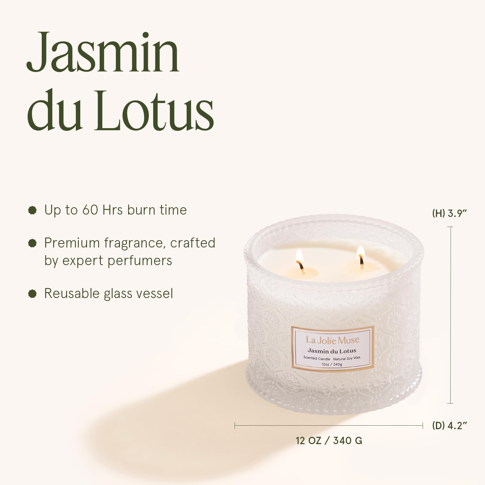 LA JOLIE MUSE candle held in hand showing 12oz scale and portability benefit