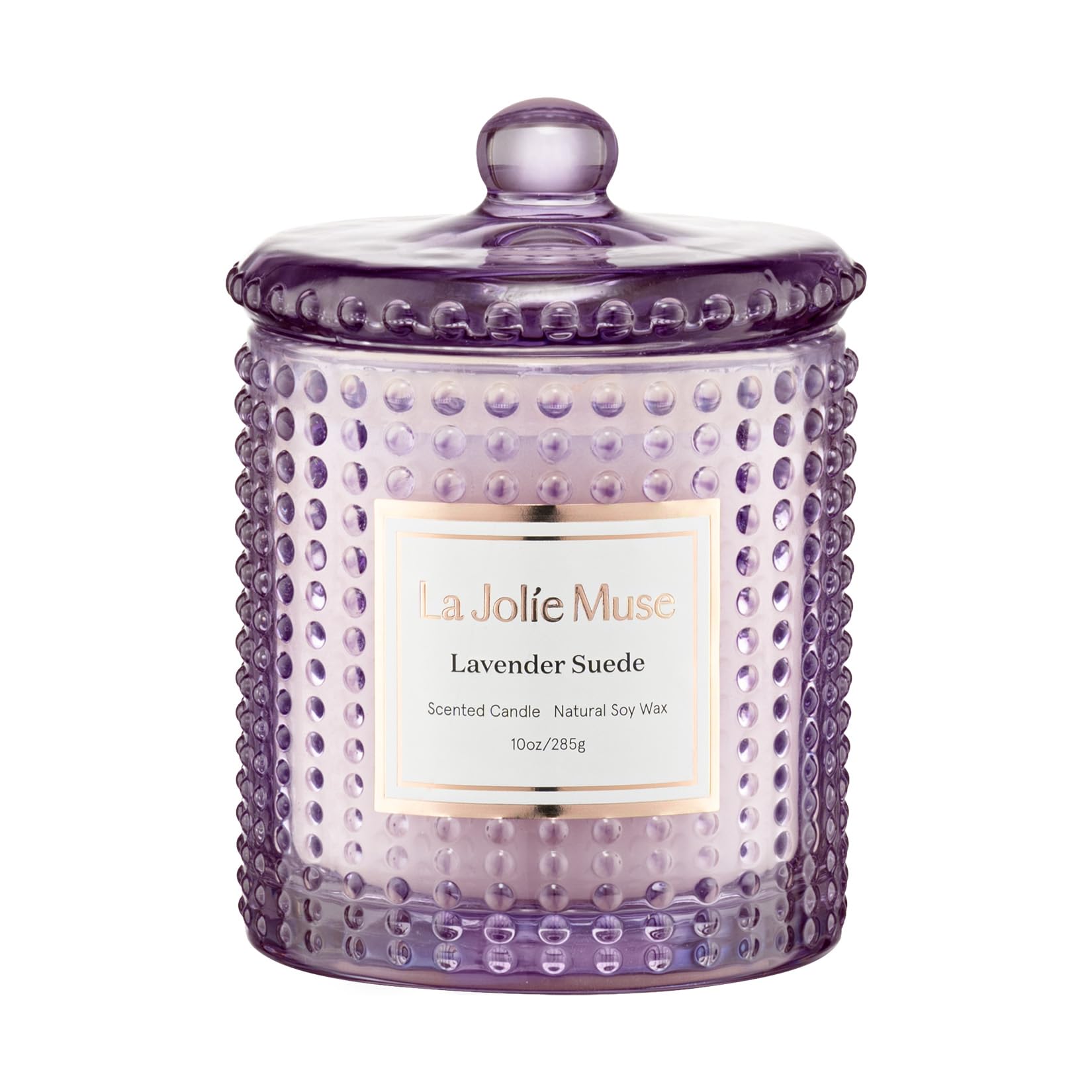 LA JOLIE MUSE front jar showing lavender suede label and textured glass for elegant decor