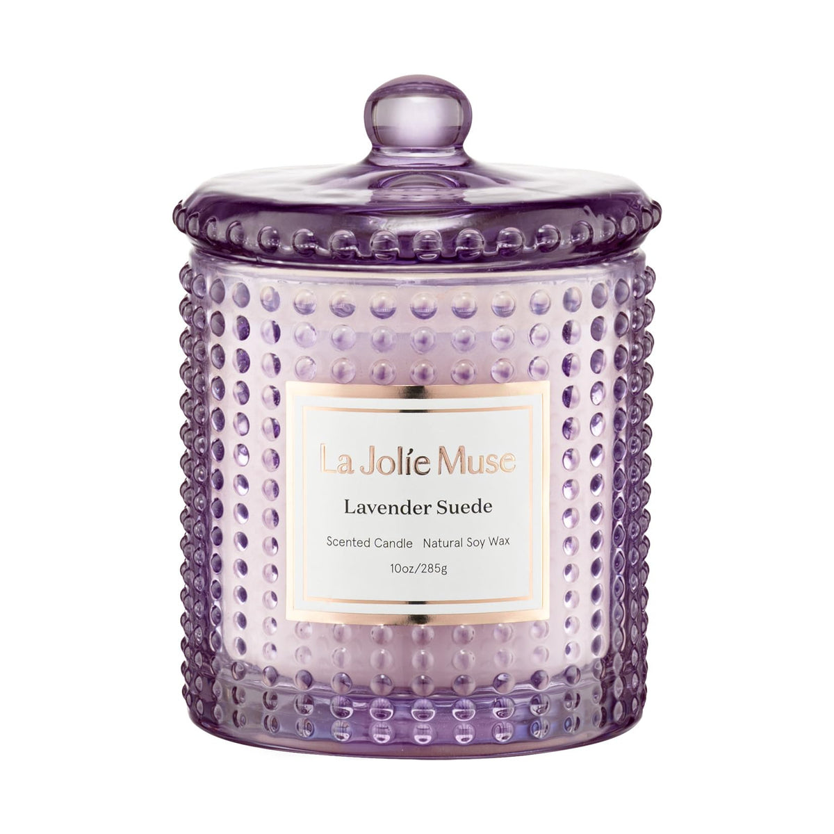 LA JOLIE MUSE front jar showing lavender suede label and textured glass for elegant decor