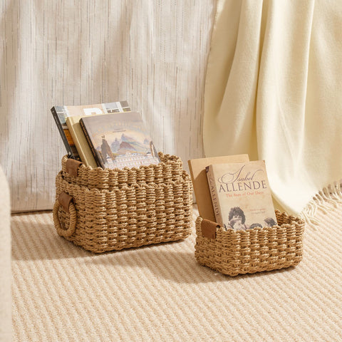 LA JOLIE MUSE baskets styled on a living room shelf showcasing tidy decorative storage