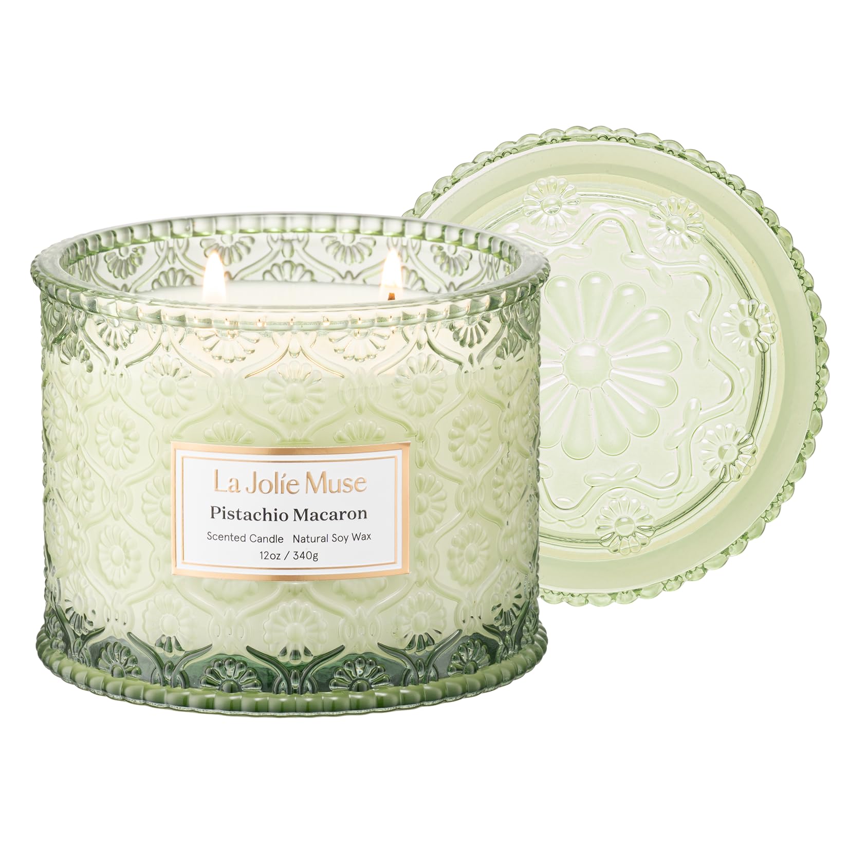 LA JOLIE MUSE front view of pistachio macaron candle, elegant décor impact