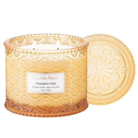 LA JOLIE MUSE front jar view showing warm pumpkin chai scent and elegant design