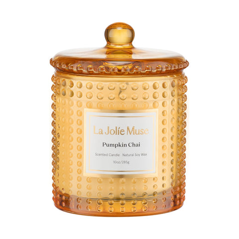LA JOLIE MUSE front view of pumpkin chai candle adds seasonal warmth