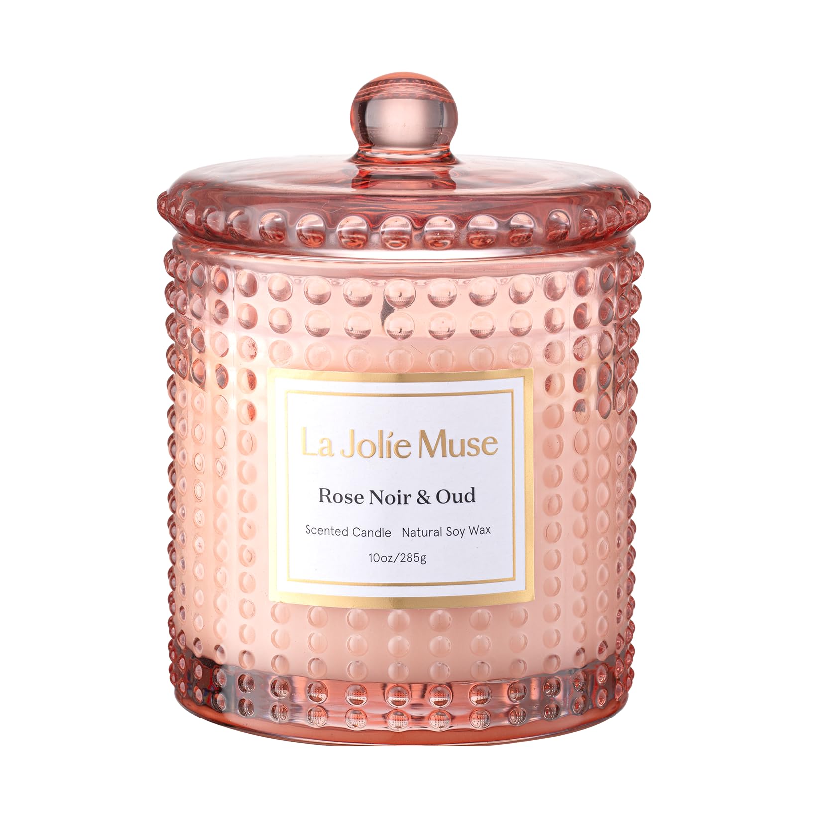 LA JOLIE MUSE front jar showing elegant hobnail and label, enhances décor