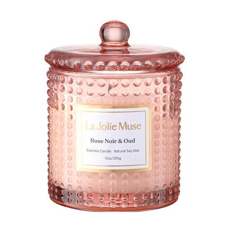 LA JOLIE MUSE front jar showing elegant hobnail and label, enhances décor