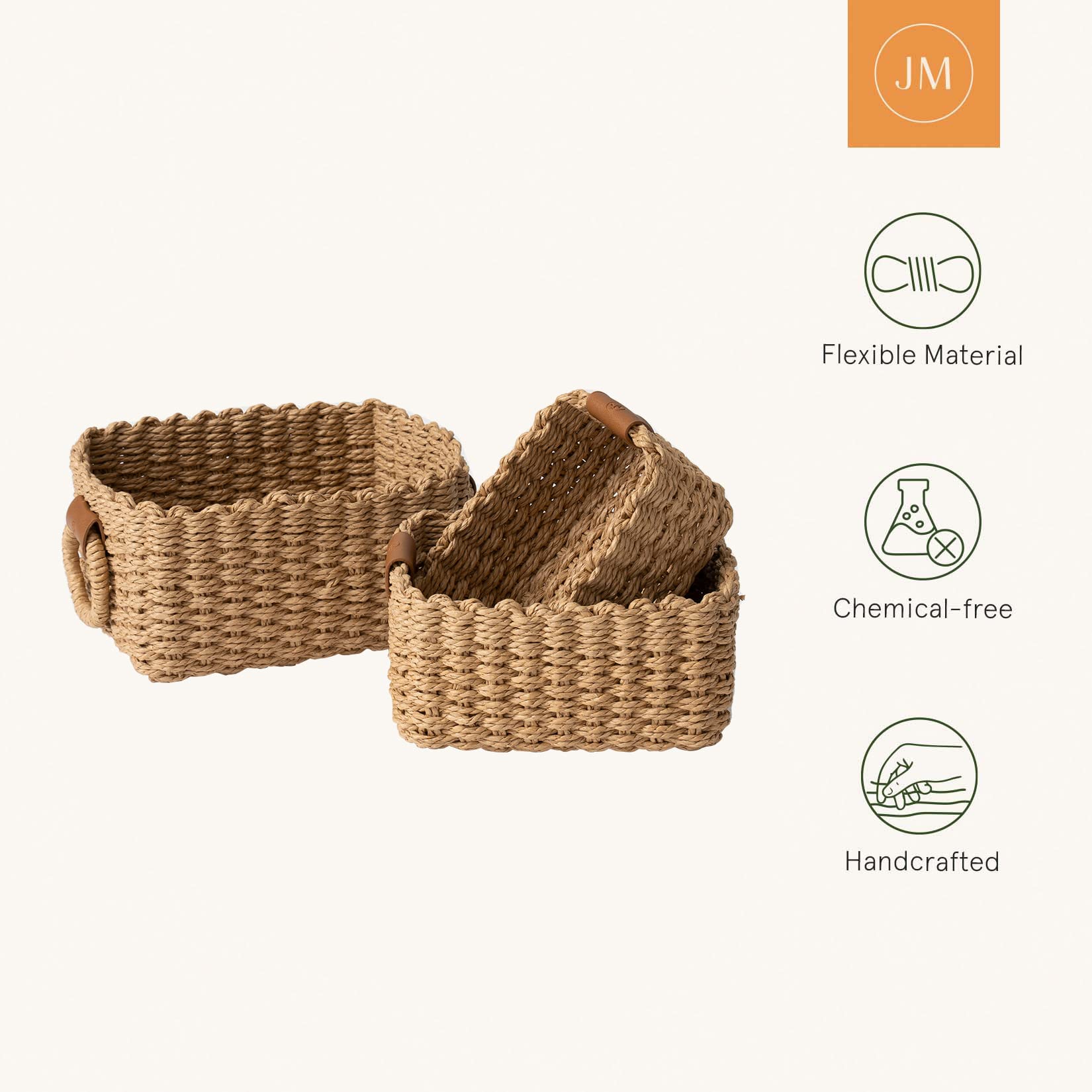 LA JOLIE MUSE baskets beside ruler showing compact sizes for space-saving organization