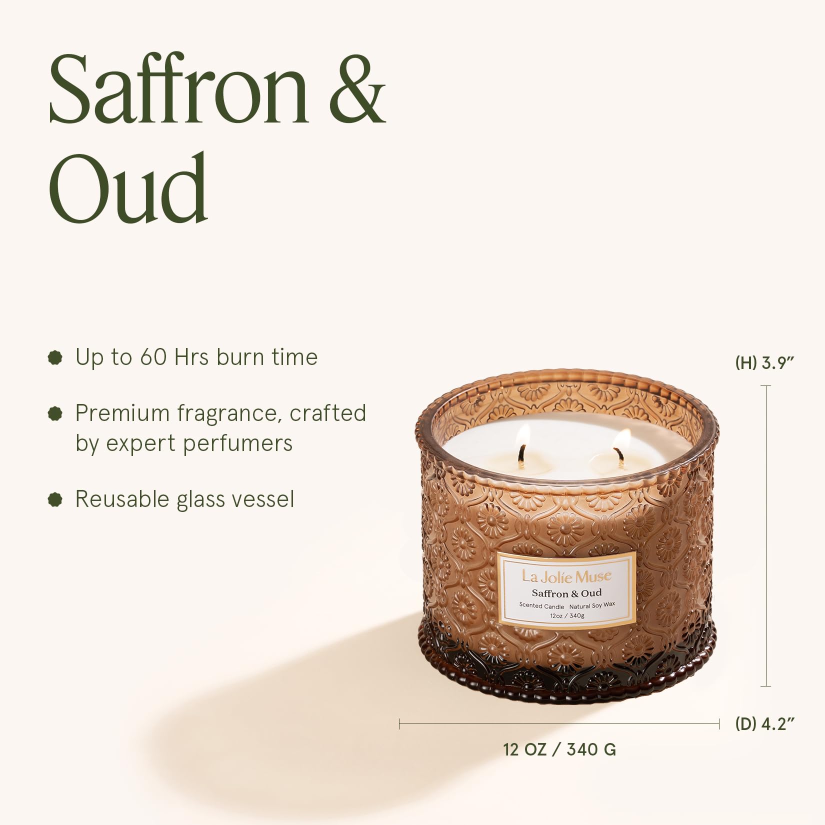 LA JOLIE MUSE candle held in hand showing 12oz scale and long-lasting use benefit