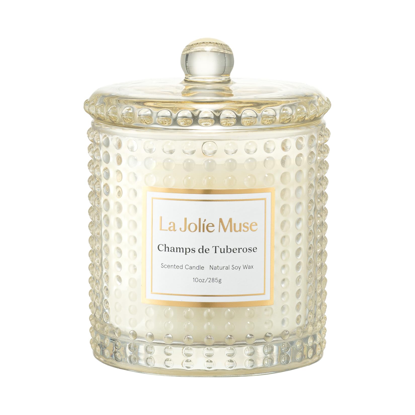 LA JOLIE MUSE front jar showing elegant hobnail and label, enhances decor