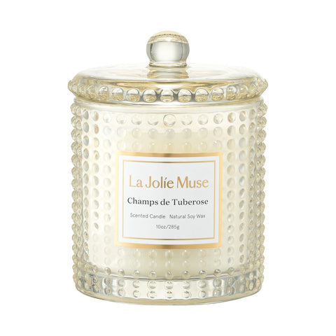 LA JOLIE MUSE front jar showing elegant hobnail and label, enhances decor