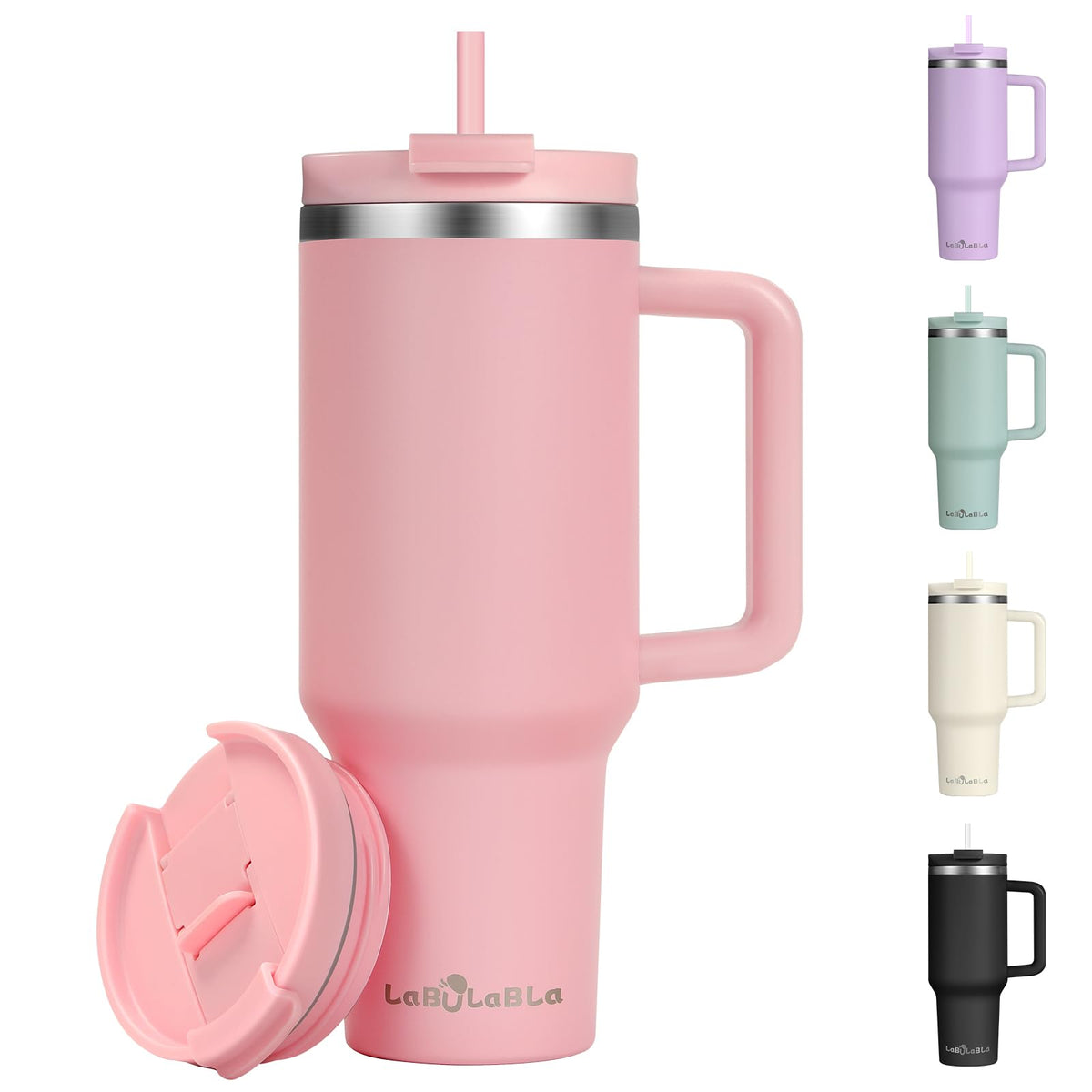 labulabla front view light pink showing full tumbler and handle benefit: easy carrying