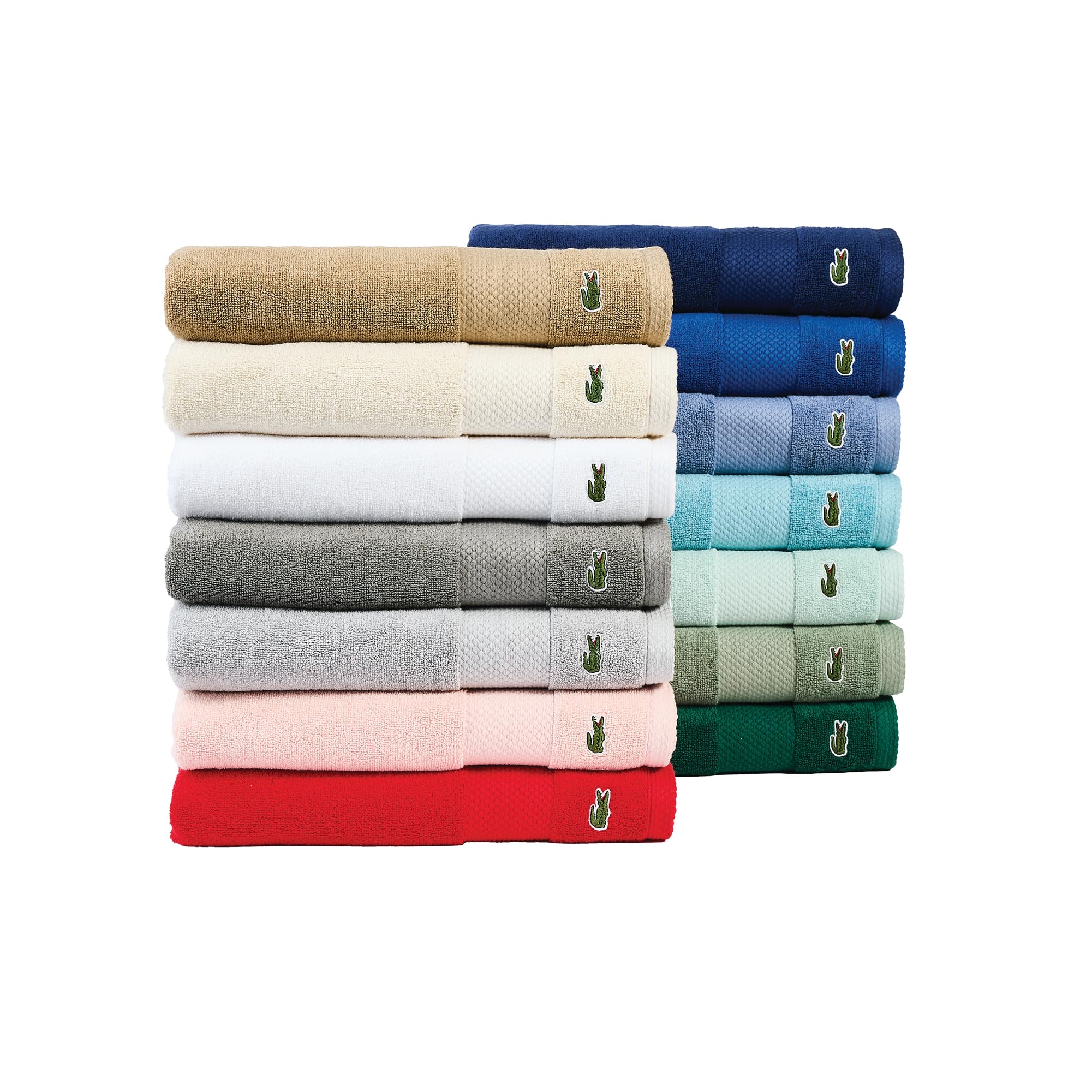 Lacoste towel on bathroom rack in navy showing styled storage appeal