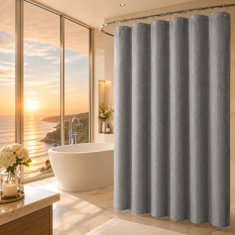 LaCyan curtain next to bathtub illustrating true 72x72 inch fit
