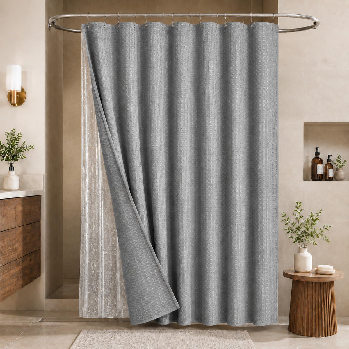 LaCyan front view of grey waffle curtain showing elegant hotel look