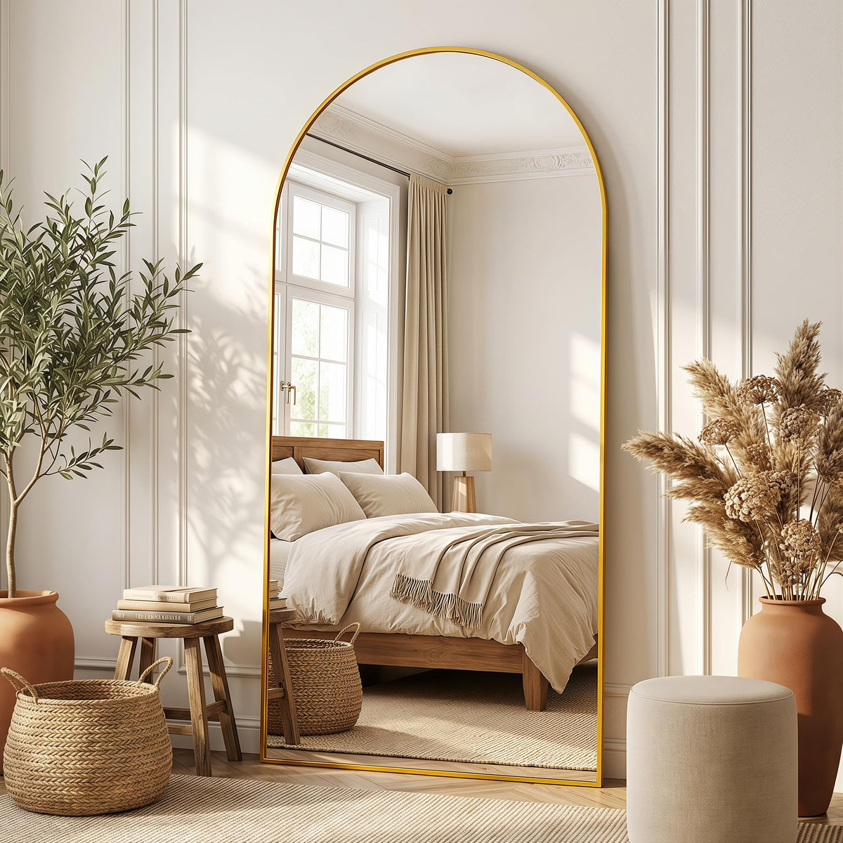 LadyNow gold arched mirror front view showing full-length reflection benefit