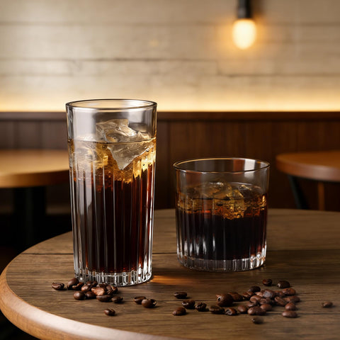 Laerjin 12oz highball glass in use with iced coffee showing stability