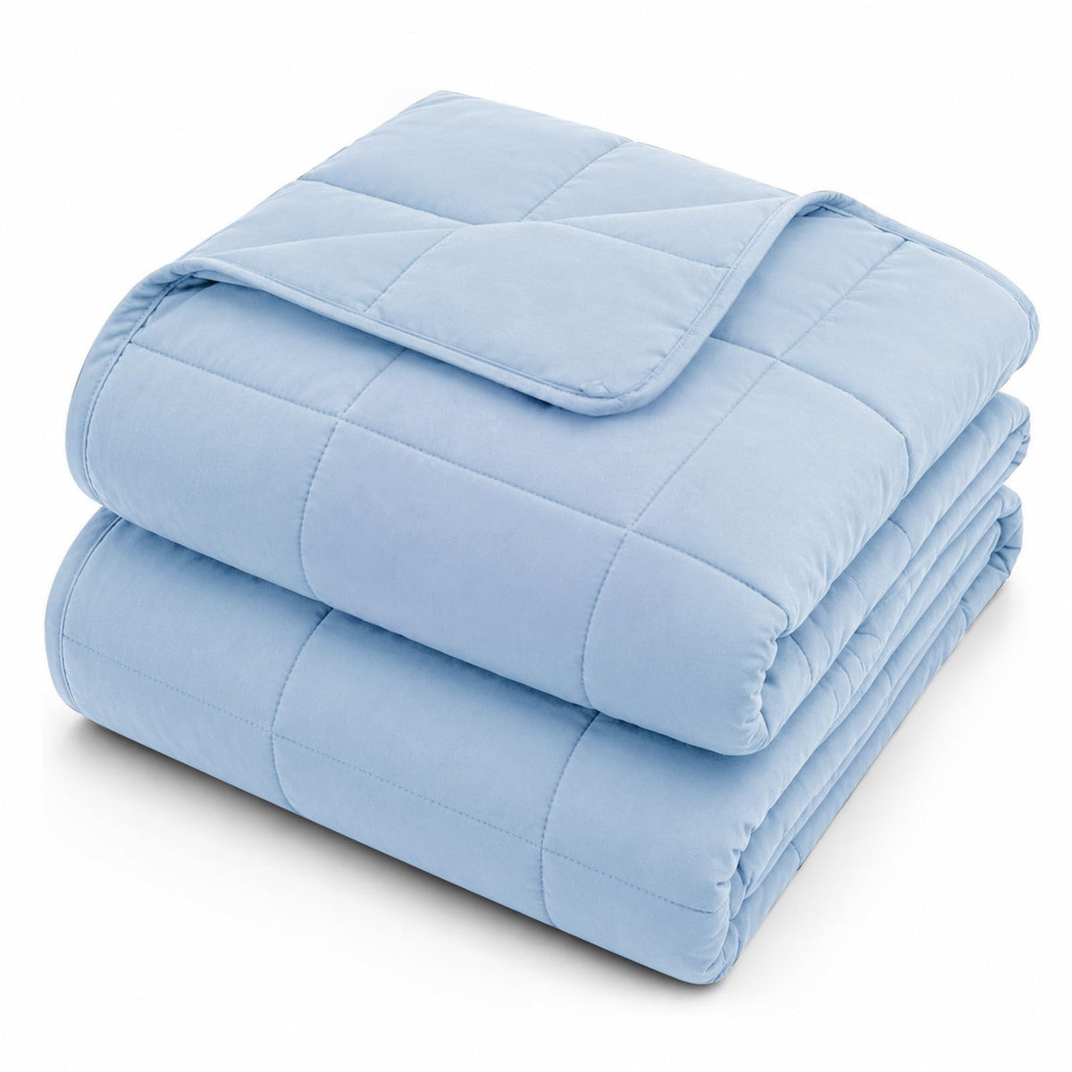L'AGRATY front view of light blue weighted blanket showing size and color for easy selection