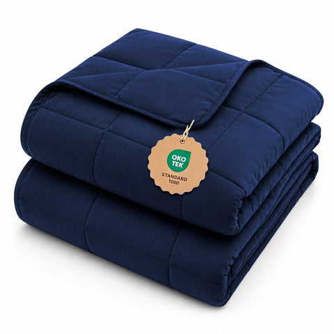 L'AGRATY front view of navy queen blanket showing clean finished edges and navy color advantage