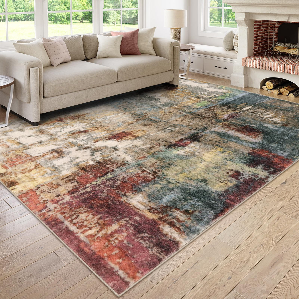 Lahome front view of red abstract 9x12 rug showing full pattern and color balance