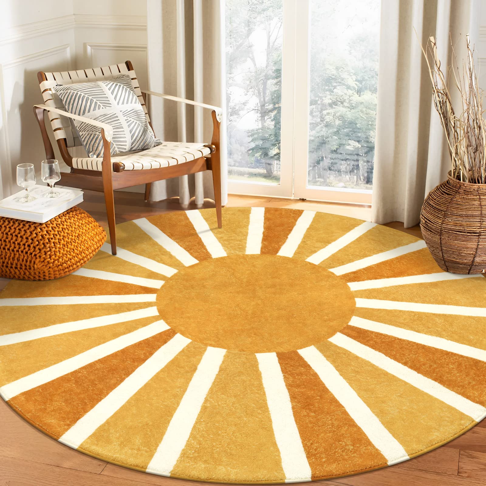 Lahome boho round rug front view showing cheerful sunshine motif and warm feel