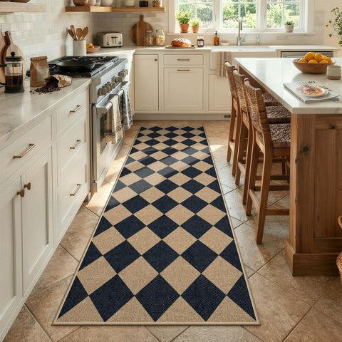 Lahome front view of checkerboard runner showing farmhouse entry appeal and practicality
