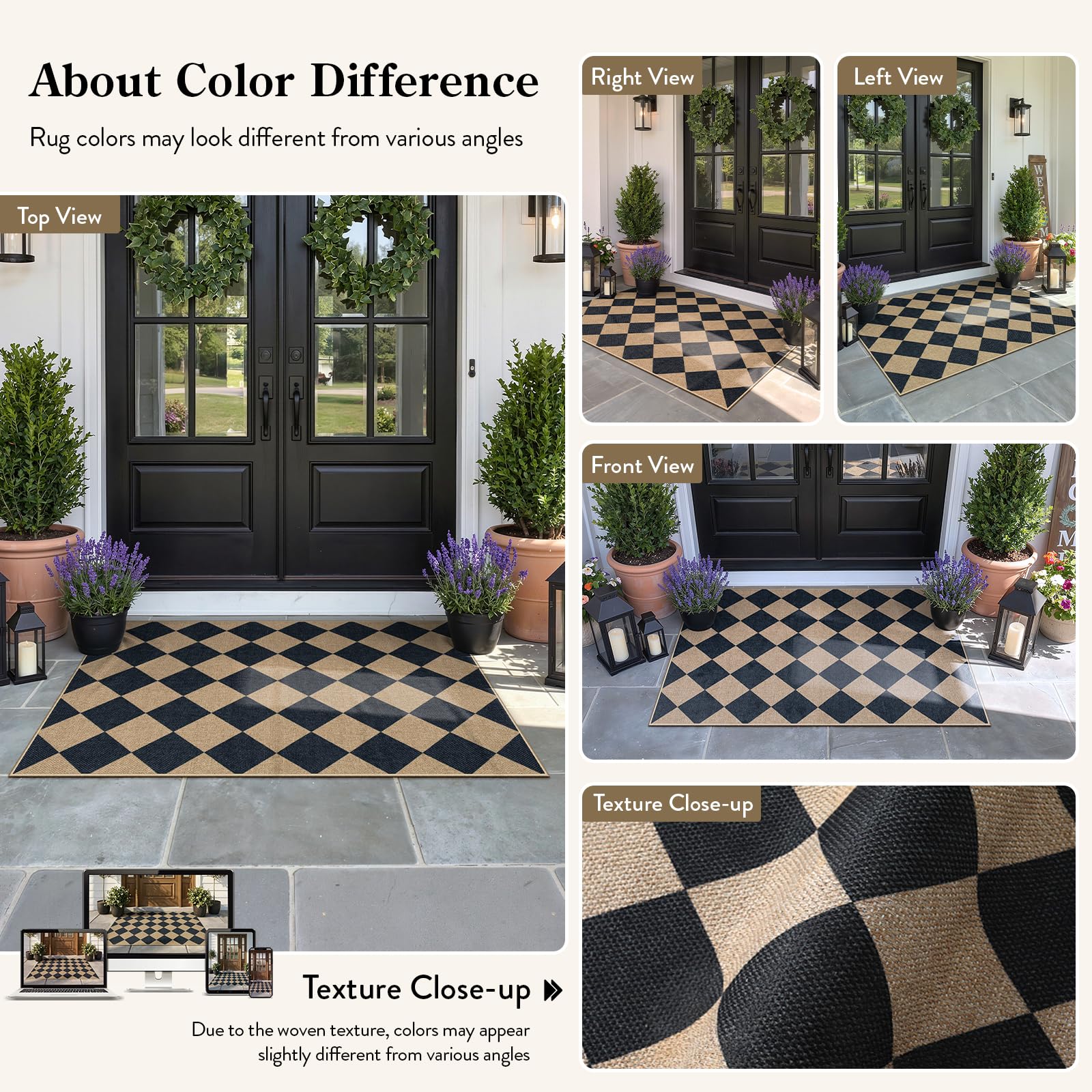 Lahome rug styled in an entryway adding neutral warmth and easy-clean convenience
