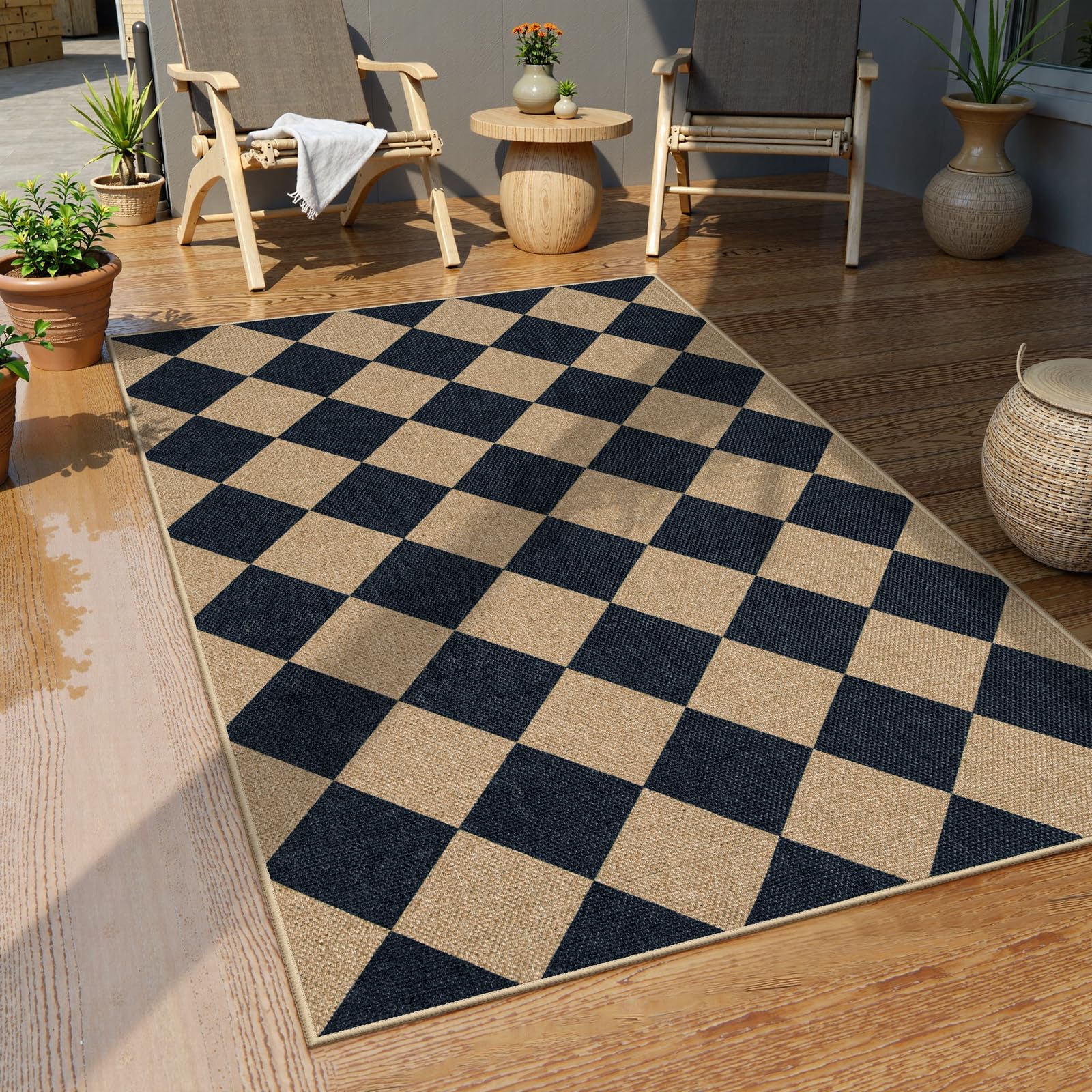 Lahome rug in front of kitchen cabinets illustrating spill-resistant easy-care benefit