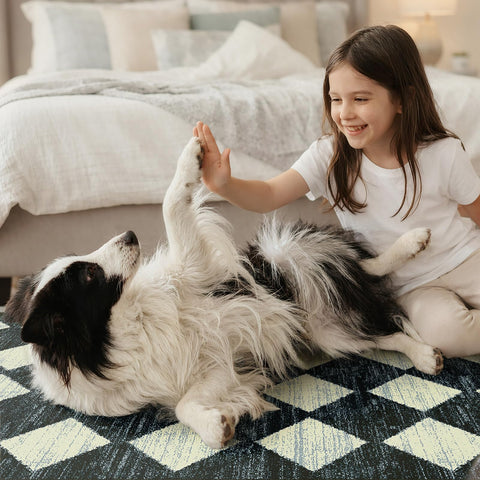 Lahome runner folded and placed near washer, indicates machine-washable easy care